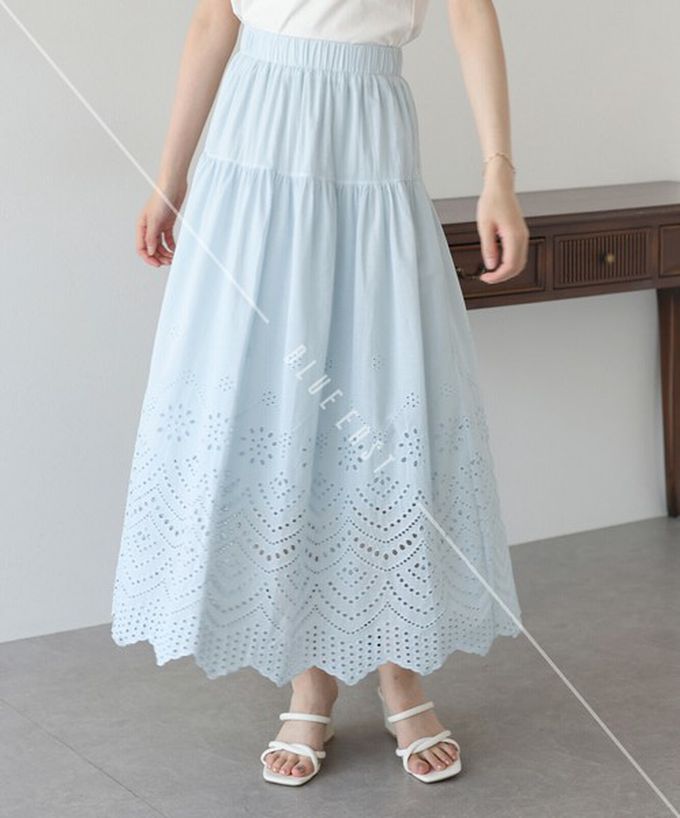 日本 BLUE EAST - 甜美雕花蕾絲下擺鬆緊長裙-白