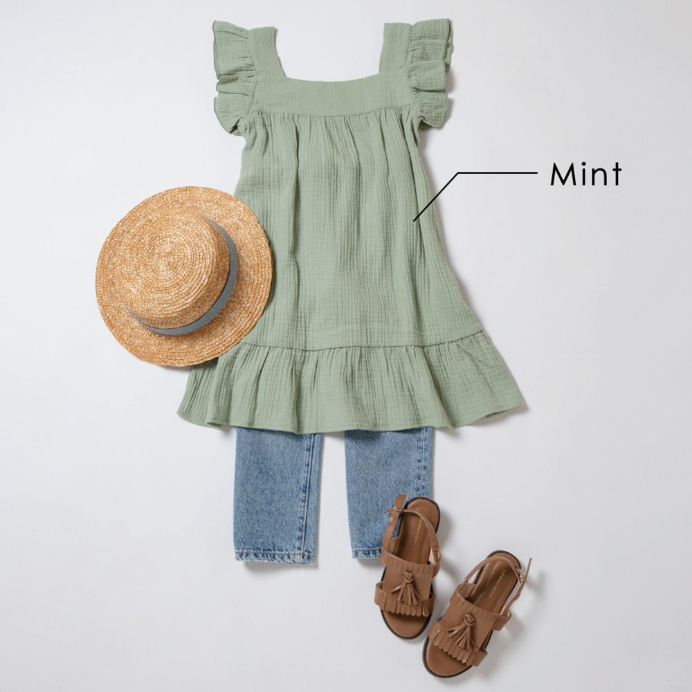 日本 evercloset - 小清新純棉柔軟荷葉袖洋裝-藍紫