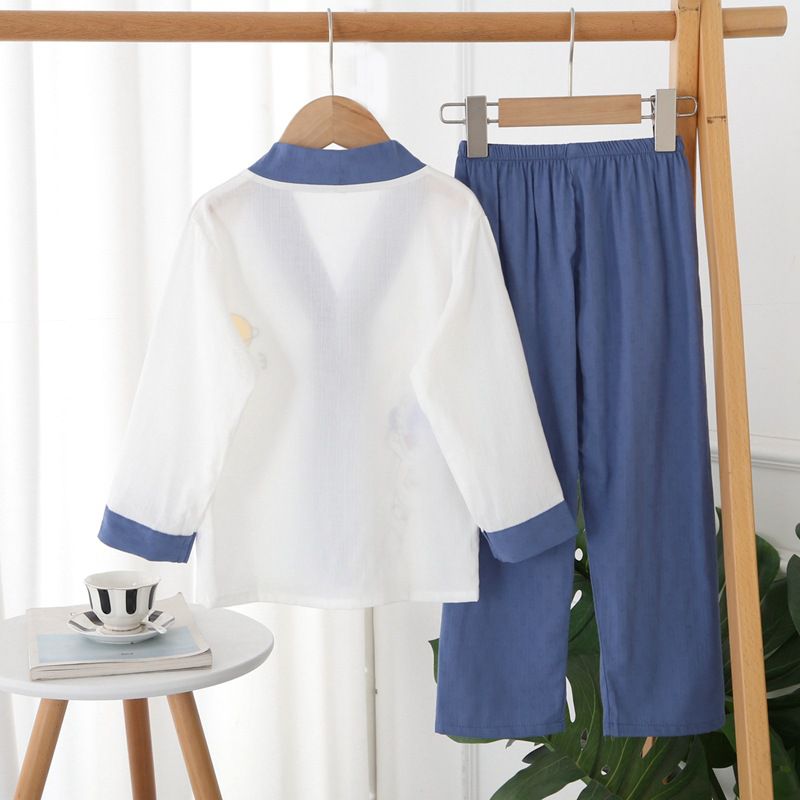 紗布棉開衫排釦長袖家居服套裝-太空人-白+藍