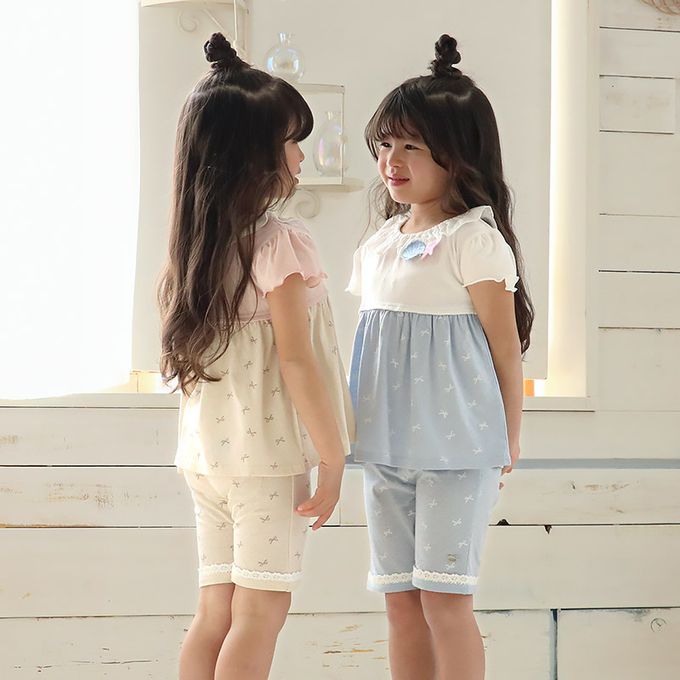 日本 ZOOLAND - 貝殼蕾絲領緹花短袖上衣-蝴蝶結印花-象牙