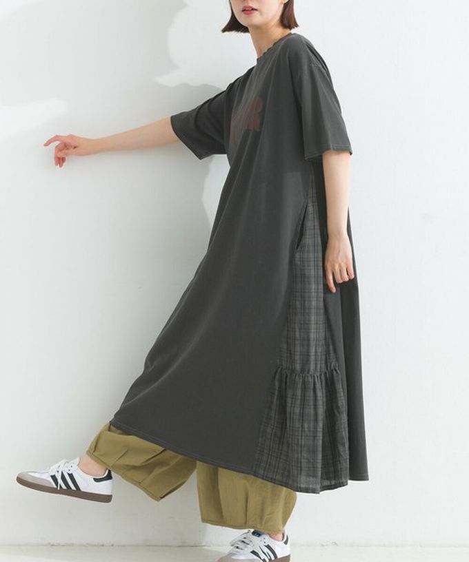 日本 Lupilien - 復古寬鬆格紋拼接短袖洋裝-BETTER-粉紅