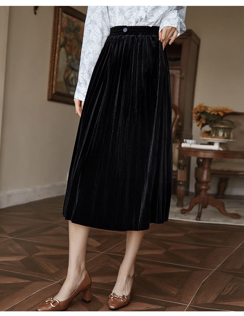 復古閃亮百褶半身裙-黑色