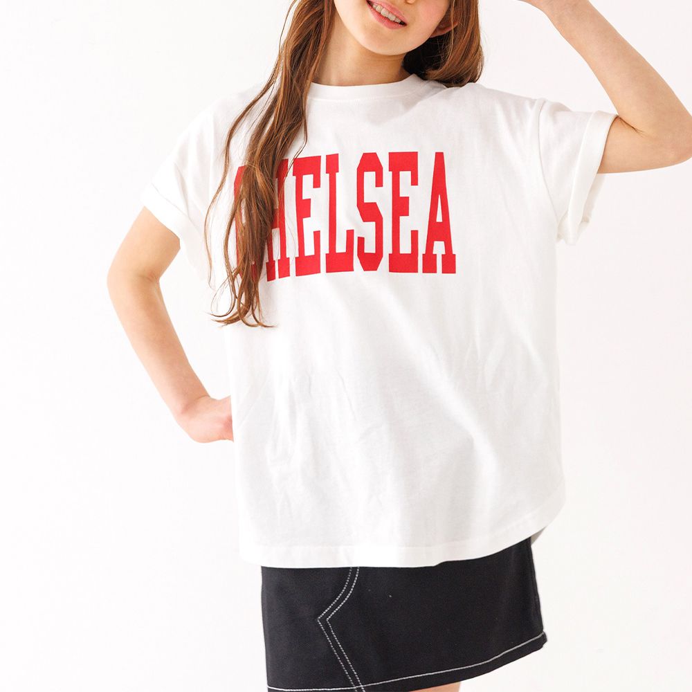 純棉學院風圓弧休閒短袖上衣(小孩)-CHELSEA-白x紅字