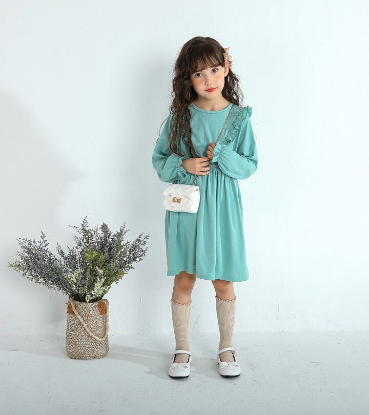 日本 Maison de Ravi - 蝴蝶荷葉肩長袖洋裝-糖果粉