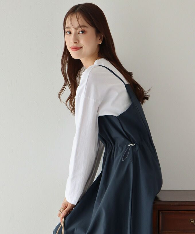 日本 BLUE EAST - 工裝風抽繩縮腰吊帶裙-卡其