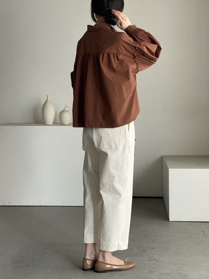 韓國女裝連線 - 極簡拼接翻領長袖襯衫-咖啡紅 (FREE)