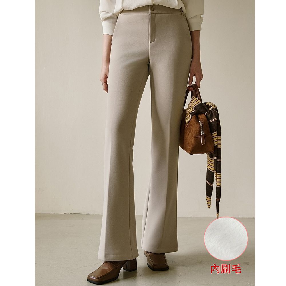 Domingoblue 後鬆緊腰保暖內刷毛美腿喇叭褲-米杏