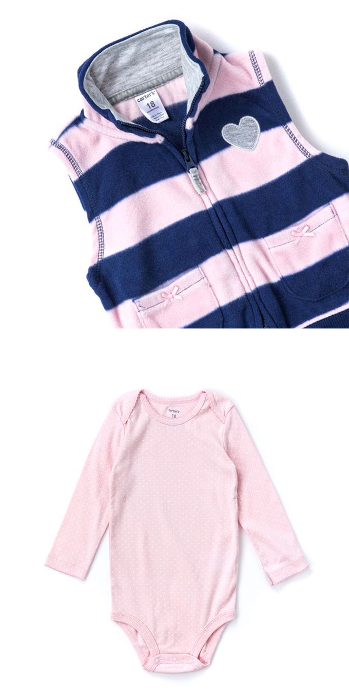 美國 Carter's - 愛心刺繡條紋刷毛背心+長袖包屁衣+長褲3件組