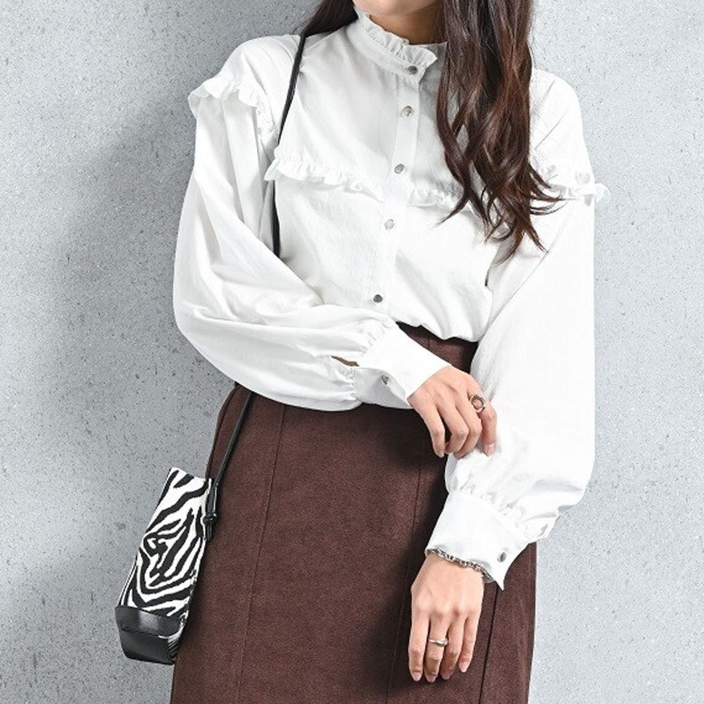 日本 ELENCARE DUE - 復古小荷葉造型薄長袖襯衫-白