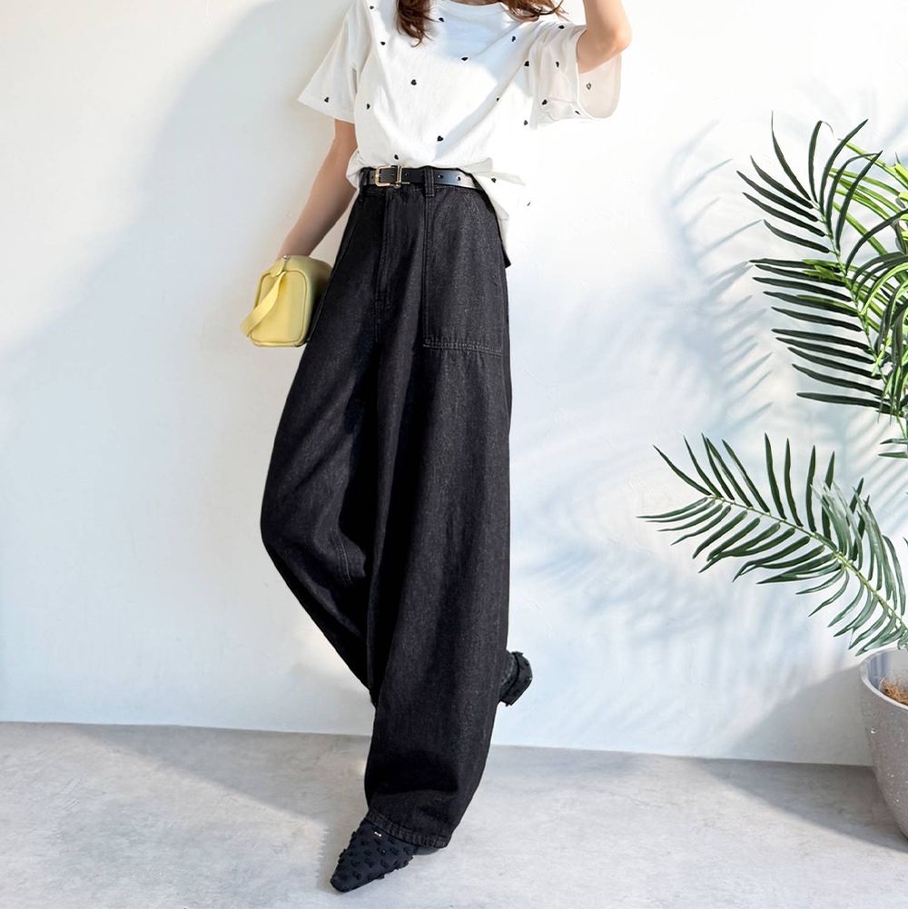 圓弧修身廓形大口袋純棉丹寧褲-黑