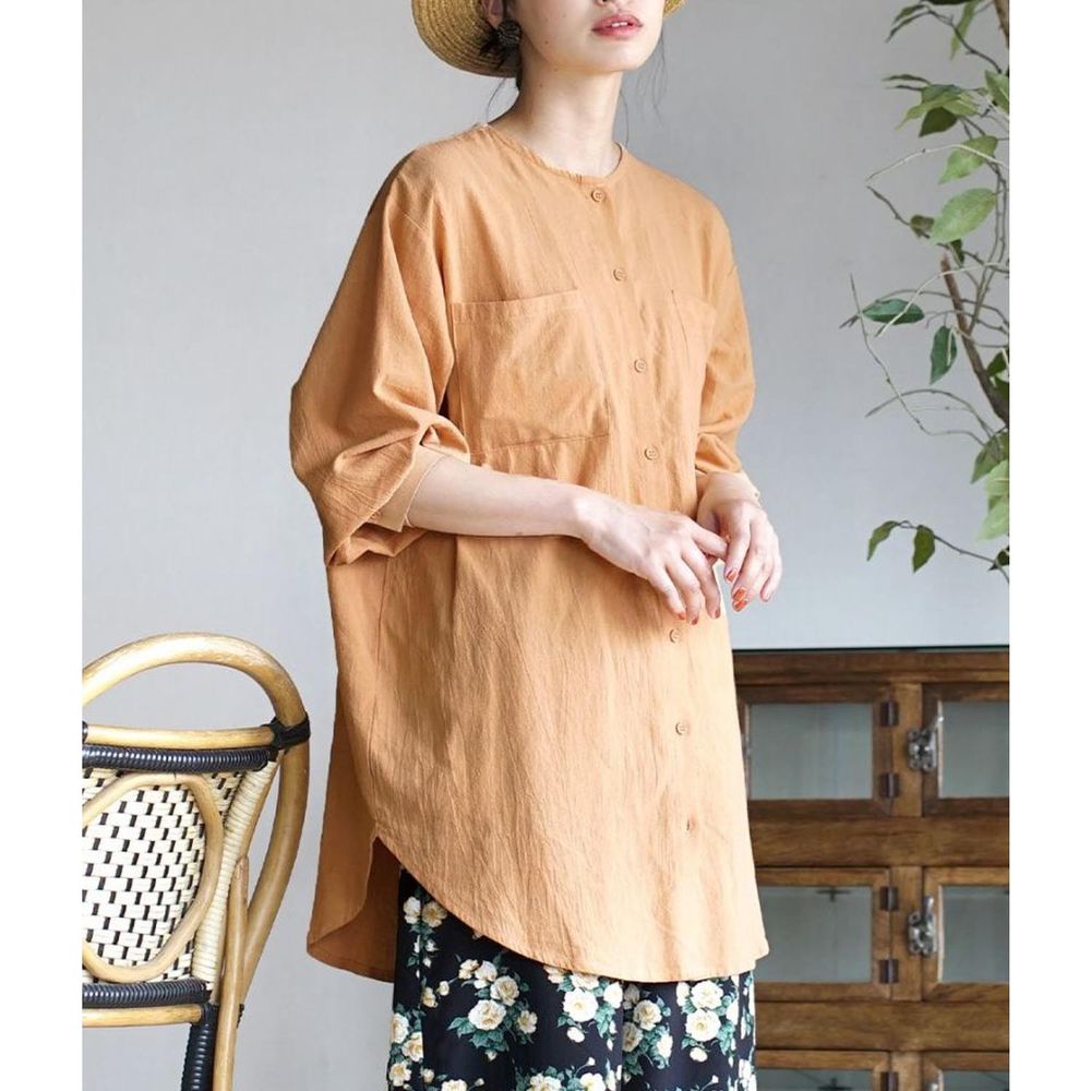 日本 zootie - 純棉凹凸紋質地圓領輕薄長版長袖襯衫-橘