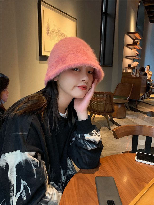 復古百搭絨毛漁夫帽-黑色 (M(56-58cm))