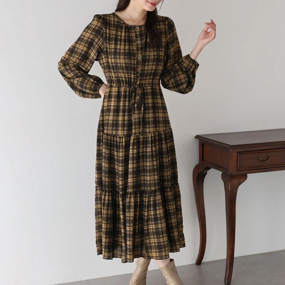 經典低調格紋分層束腰長袖洋裝-咖啡棕