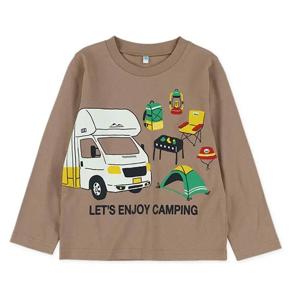 100%棉 旅遊印花長袖上衣-露營車-淺棕