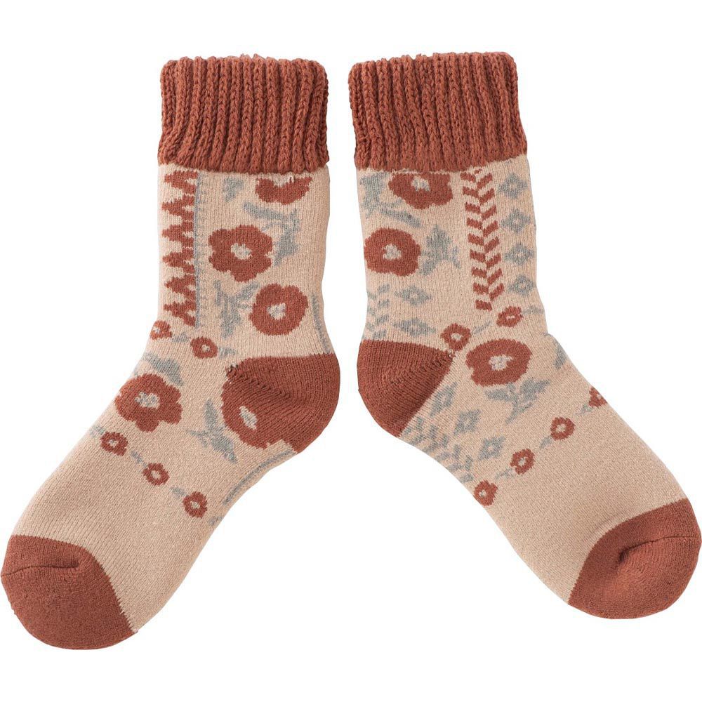 日本小泉 - 北歐風刷毛家居保暖襪-小花朵朵-焦糖棕 (M(-24.5cm))