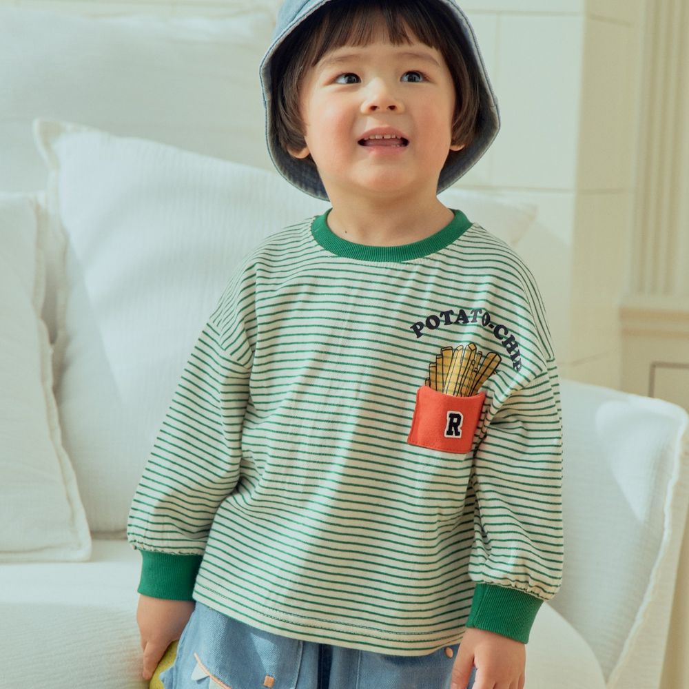 First Blue 美味薯條圖案條紋長袖上衣-綠