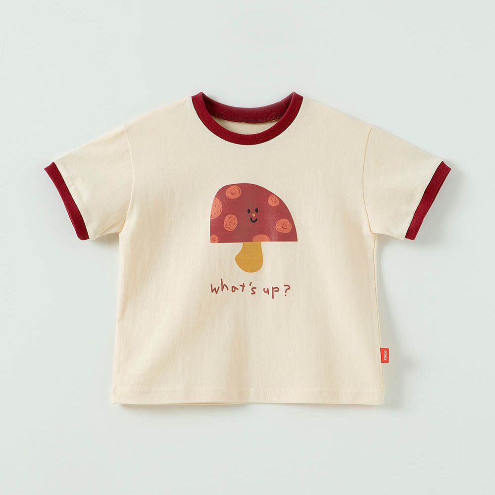 可愛印花純棉短袖上衣-蘑菇-米杏