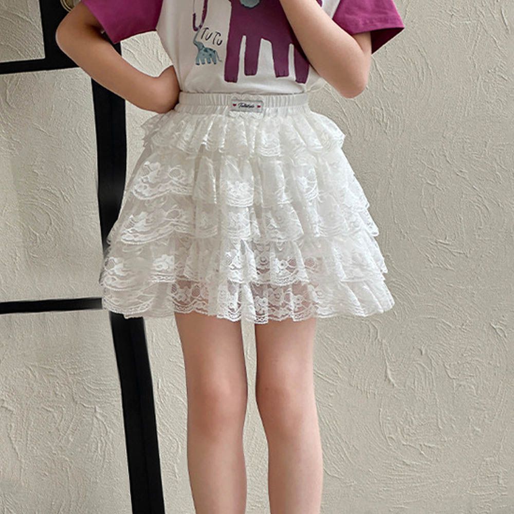 甜心多層次蕾絲蛋糕短裙-純棉內襯-白色