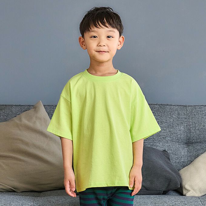 日本 petit main - 100%棉 夏季感印花短袖上衣-綠洲-亮黃