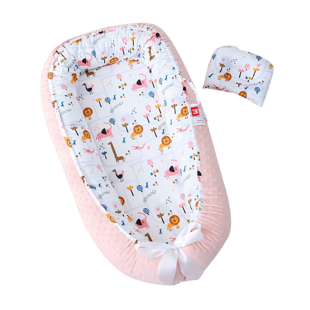 JoyNa - 嬰兒床中床 泡泡絨加厚便攜式可折疊寶寶床 贈枕頭/防塵袋-粉邊獅子 (50*80*13cm)