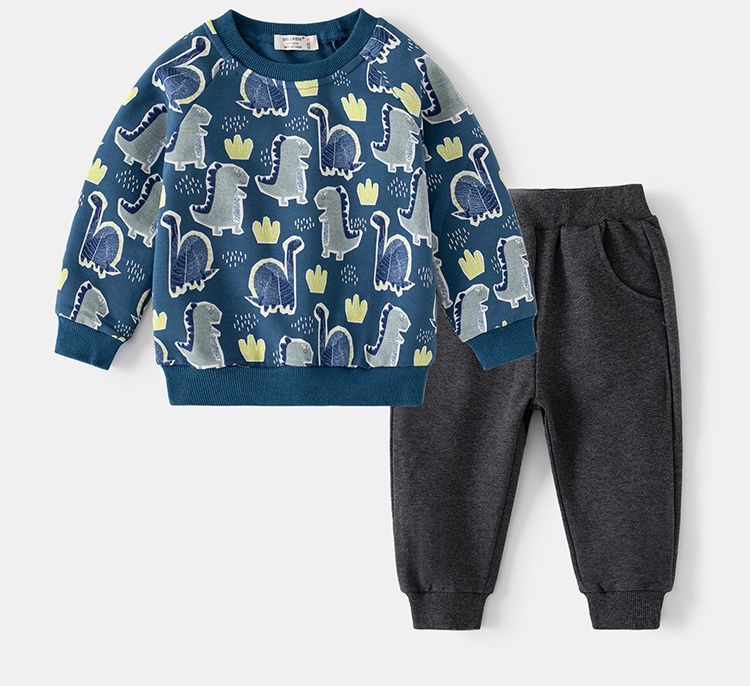 WELLKIDS - 加絨圓領長袖大學T套裝-塗鴉萌萌恐龍-海軍藍