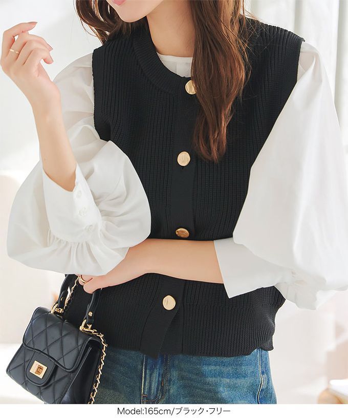 日本 Kobe Lettuce - 層次穿搭 粗針織金釦短版背心-米白