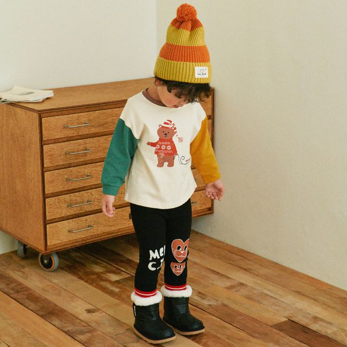 韓國 First Blue - (內磨毛)鬆緊腰愛心動物臉彈力褲-米灰杏