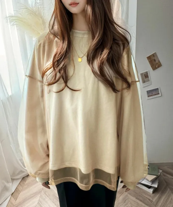 日本 Classical Elf - Java 透膚薄紗層次上衣-背後標籤印花-炭灰