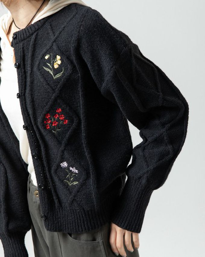 日本 gleam - 文藝風小花刺繡立體針織開襟衫-白