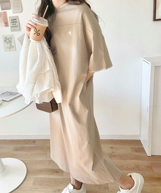 日本 Classical Elf - Java 純棉logo刺繡休閒素面洋裝-海軍藍