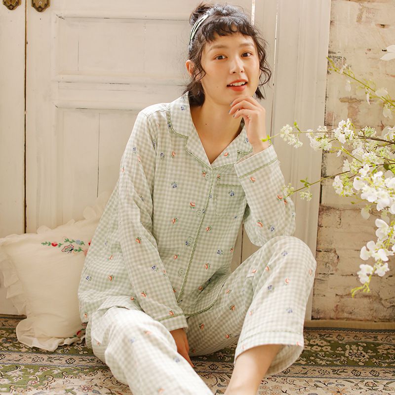 雙層棉紗布長袖家居睡衣套裝-小花綠格