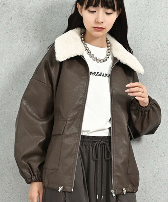 日本 ELENCARE DUE - 2way毛領質感仿皮俐落夾克外套-深咖啡