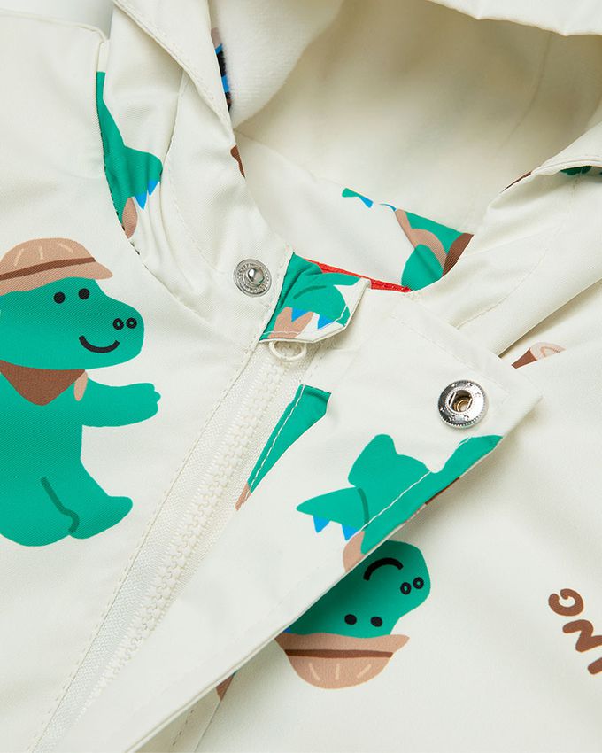 韓國 OZKIZ - (兩件式)防潑水搖粒絨連帽外套-郊遊恐龍-米白X藍