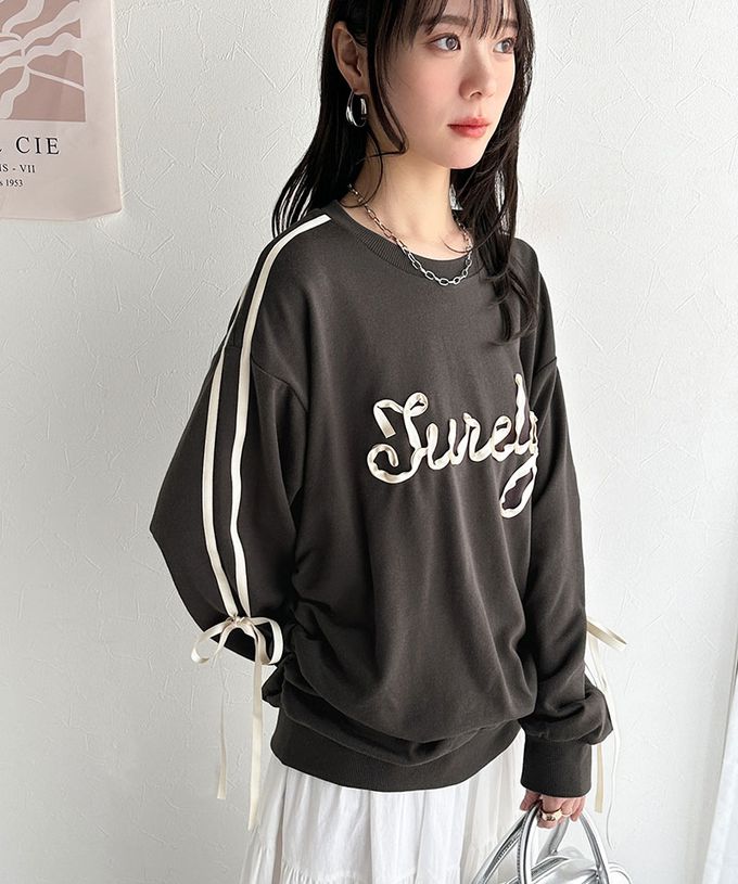 日本 Classical Elf - mily bilet 甜美袖蝴蝶結立體logo上衣-灰緞帶-燕麥灰