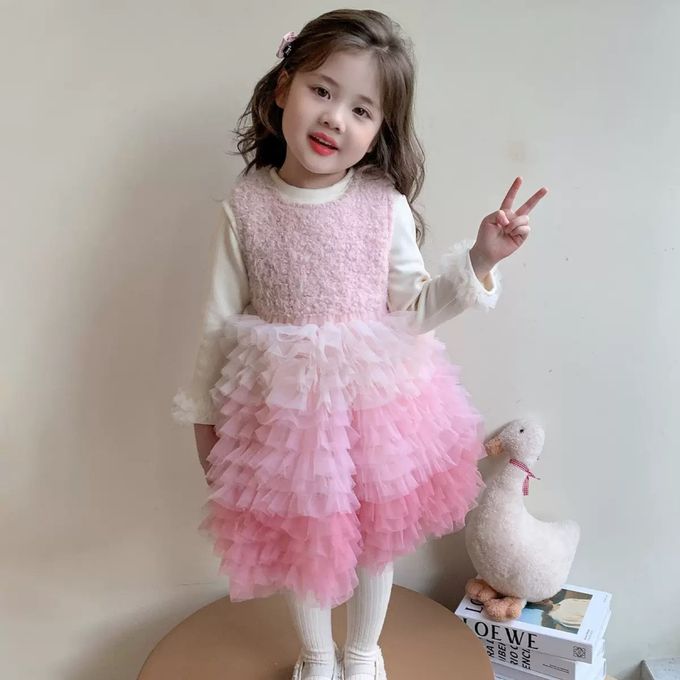 新年甜美漸層馬卡龍粉網紗蛋糕裙長袖洋裝