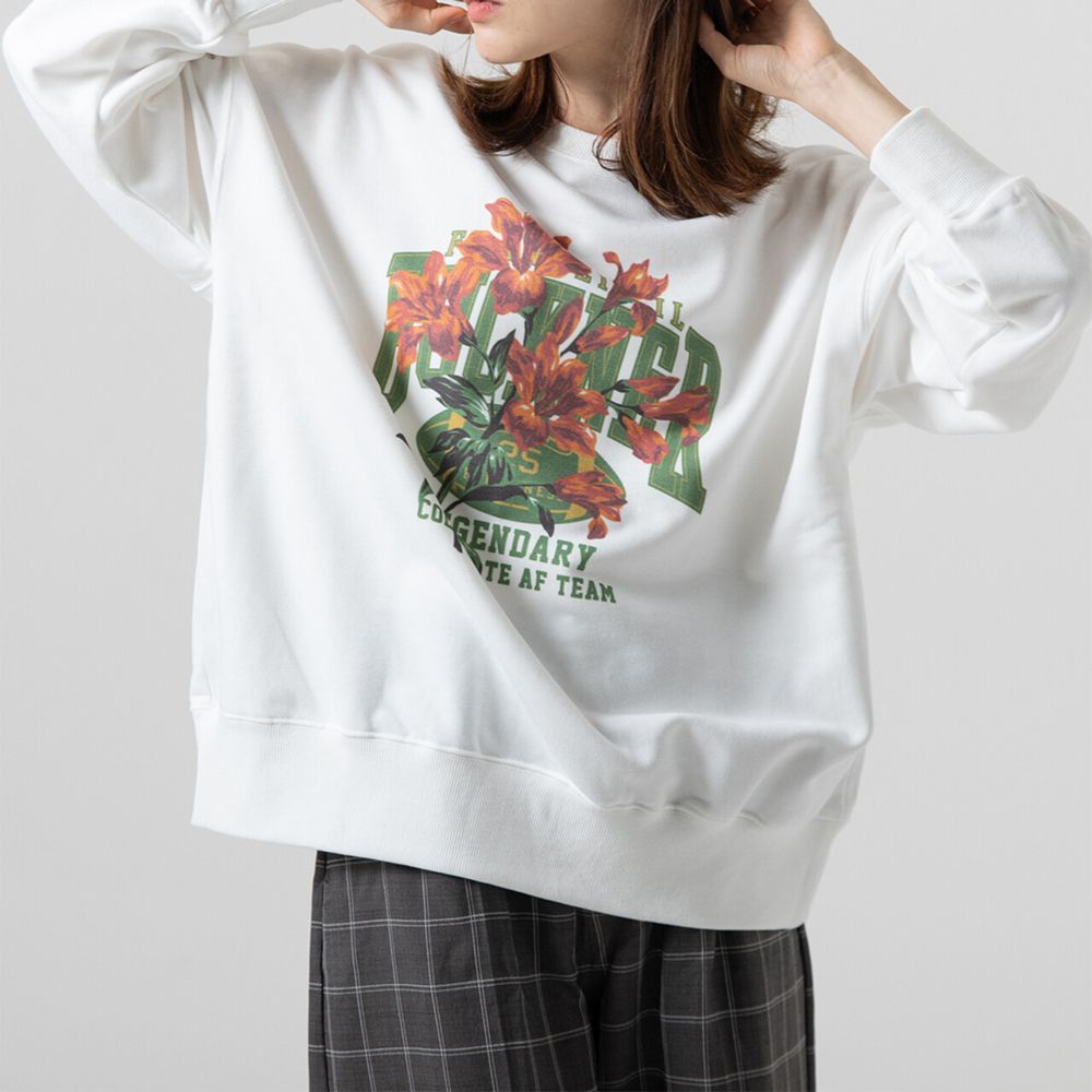 裏毛寬版學院風花卉大學T-白