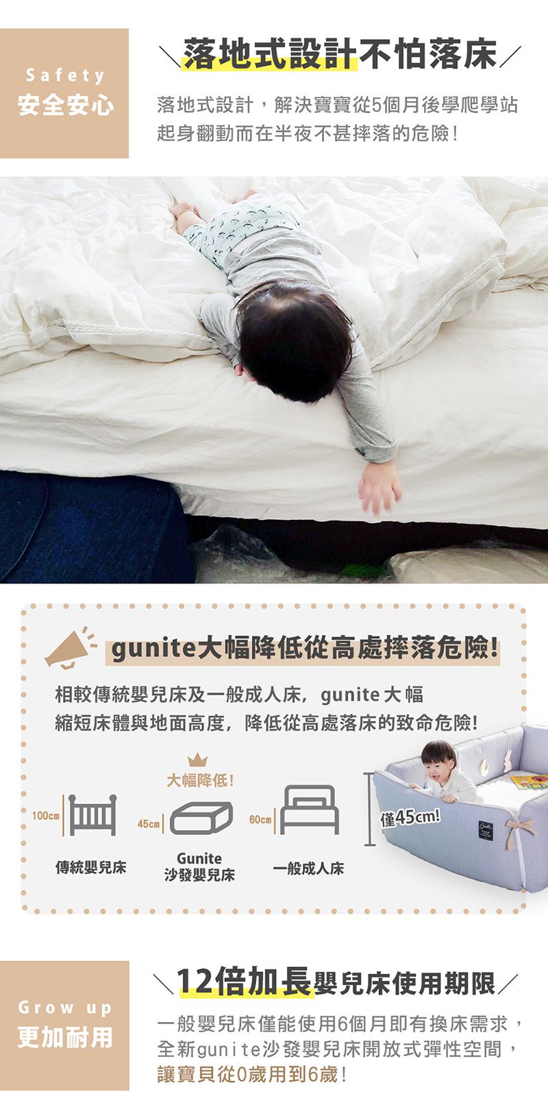 gunite - 落地式沙發嬰兒陪睡床0-6歲-北歐灰