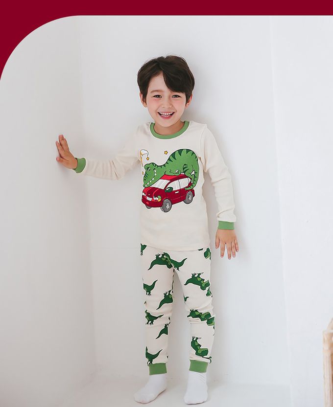 正韓 Puco - 超優質嬰幼兒/兒童長袖100% 有機純棉家居服/睡衣-恐龍與車