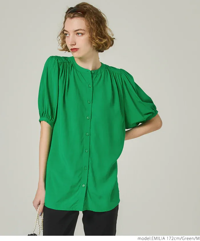 日本 COCA - 質感圓領泡泡短袖雪紡襯衫-白