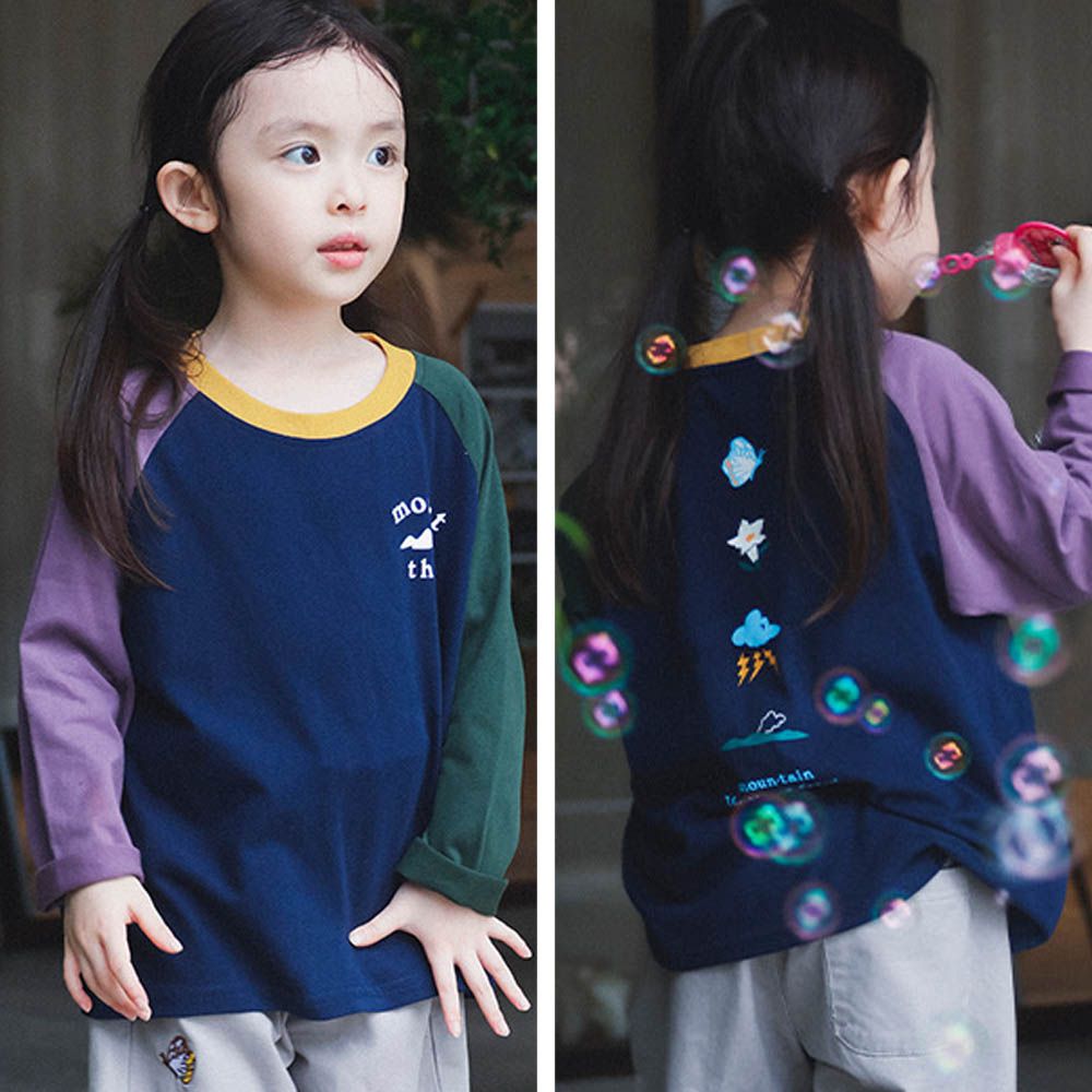 純棉圓領長袖上衣-蝴蝶花卉-拼色藏青