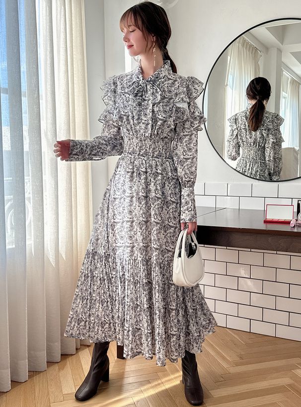 日本 GRL - 碎花荷葉邊收腰雪紡洋裝-米杏