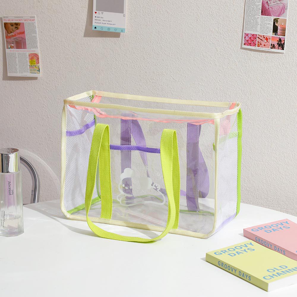 耐磨防水果凍透明收納袋/沙灘包-綠+紫 (34.5×15×25.8cm)
