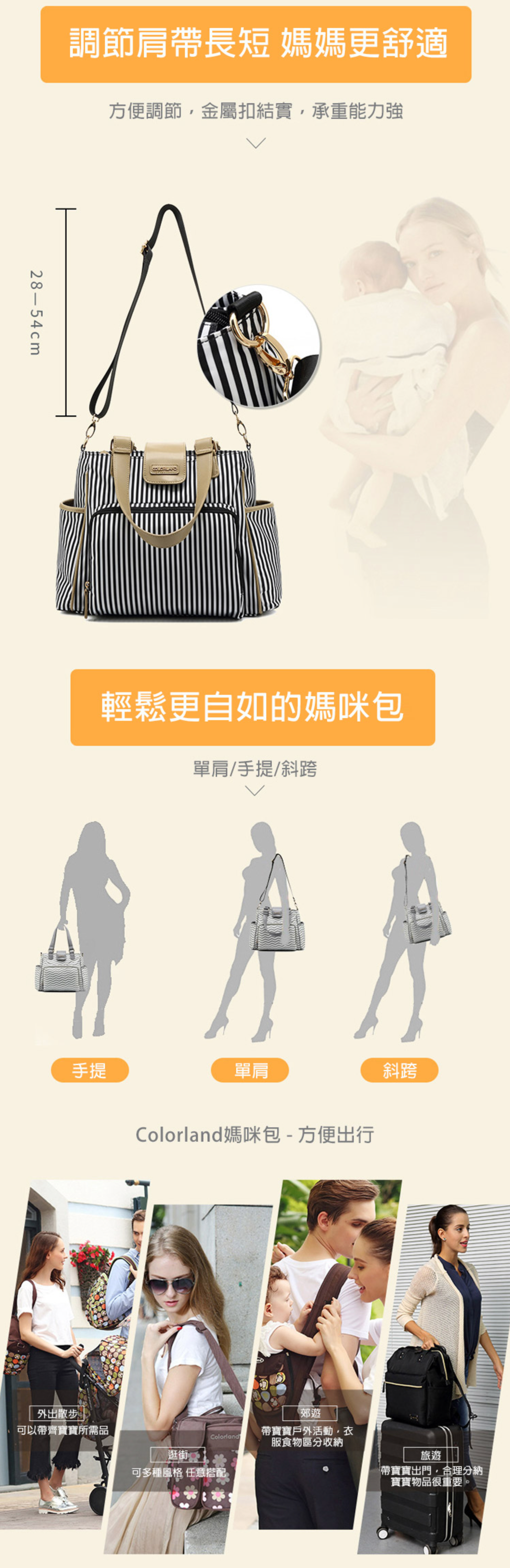 Colorland - 多格層手提&肩背包 中型時尚 附USB接頭-灰色 (35*16*28cm)