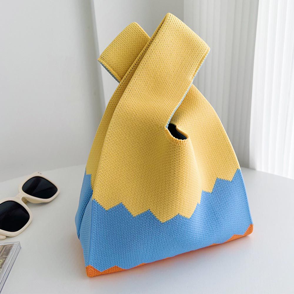 輕便休閒針織手拿包/手提包-色塊拼接-黃+藍 (20x35cm)