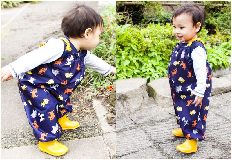 日本 akachan to issyo - 日本製防水玩沙衣/畫畫衣-交通工具-杏 (80-90㎝)-附收納袋