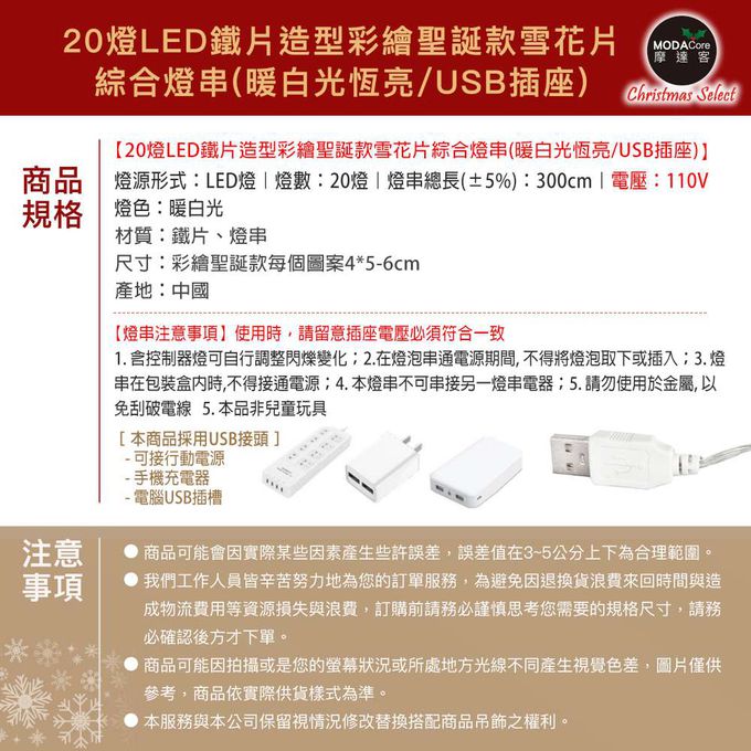 MODACore 摩達客 - 摩達客-20燈LED鐵片造型彩繪聖誕款雪花片綜合燈串(暖白光恆亮/USB插座)