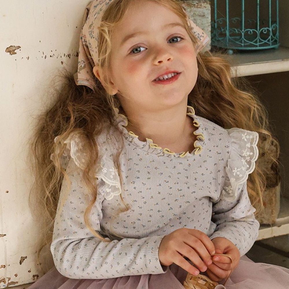 Puellaflo 碎花蕾絲飛飛袖坑條長袖上衣-灰