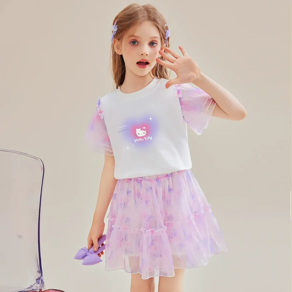 暈染雪紡拼接短袖+短裙套裝-卡通人物Hello Kitty-紫色