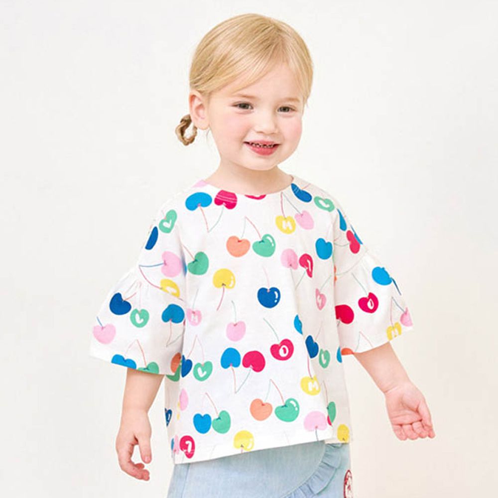 彩色櫻桃印花五分袖上衣-白