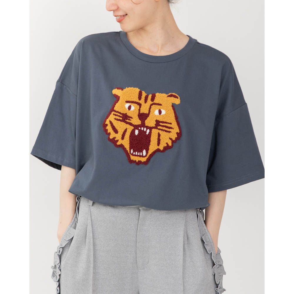 逗趣老虎相良刺繡寬大風短袖T恤-黃老虎-靛藍